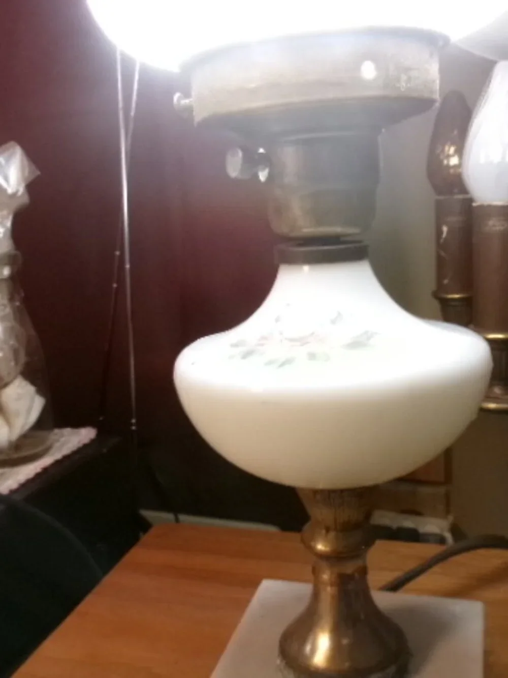 vtg milk glass painted hurricane lamp brass and marble stand 15in dresser lamp - Picture 3 of 8